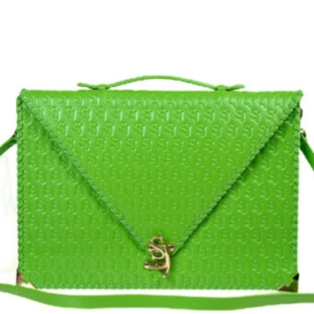 Sassy Jones Neo Green Embossed Leather Laptop Case Oversized Envelope Clutch NEW